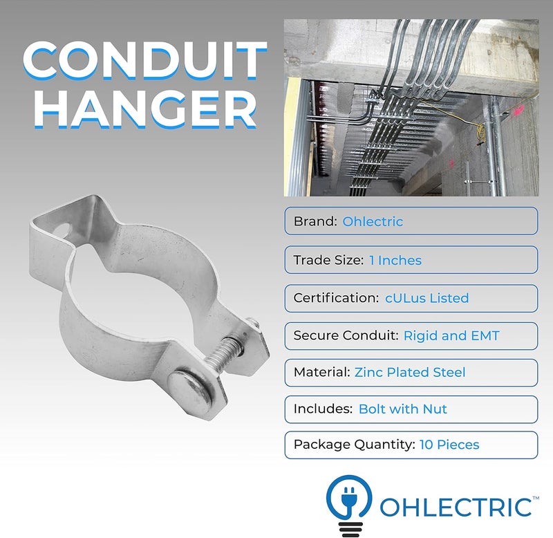 OHLECTRIC OL-56332 Zinc Plated Steel 1-inch Conduit Hanger with Bolt- Ideal for Rigid and EMT Conduit Mounting to Surfaces, Insulated Supports or Threaded Rods- Pack of 10 - Image 2